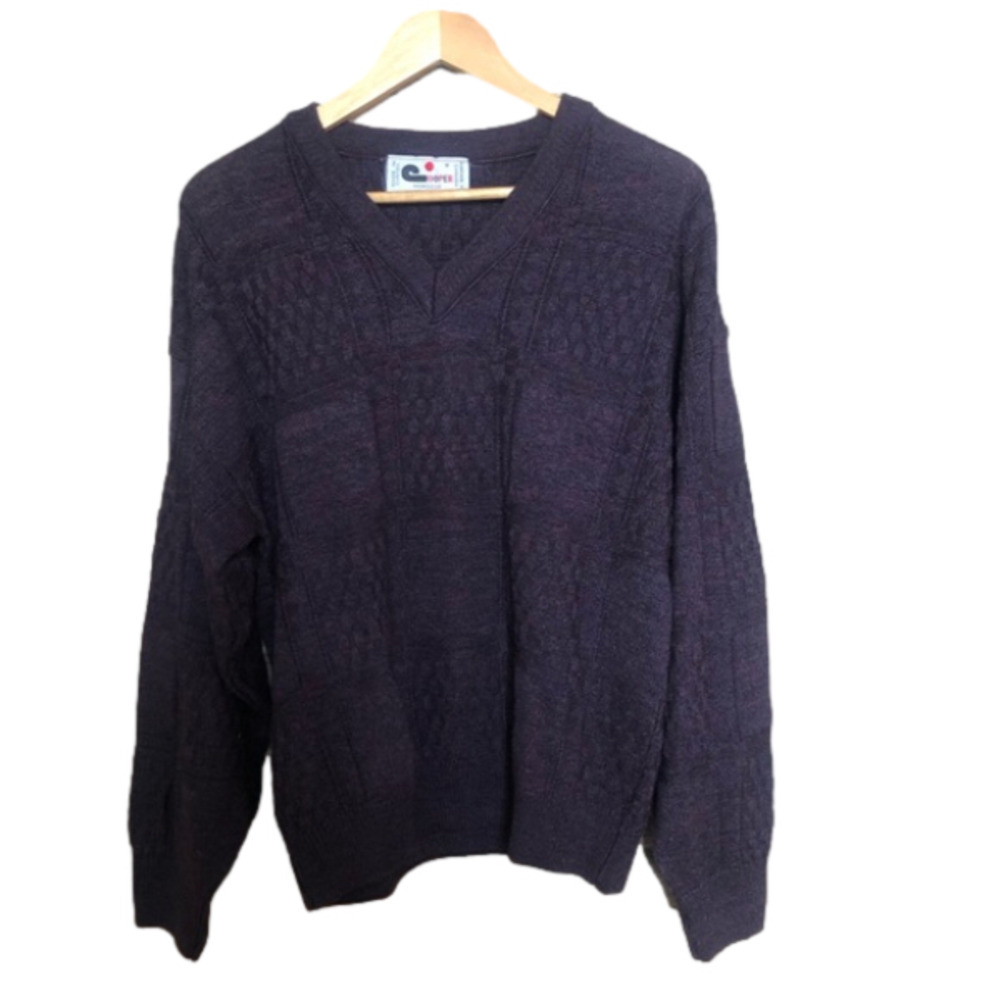 Vintage Grandpa Textured Pullover V-Neck Wool Blend Knit Sweater Medium